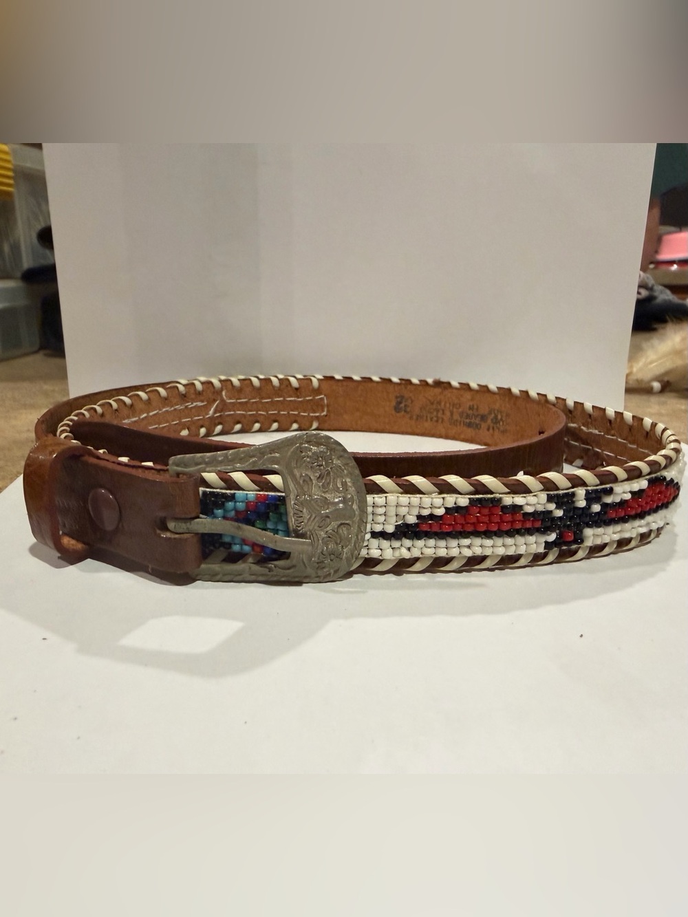 Vintage Native American Thunderbird Hand Beaded. Leather/Cowhide belt